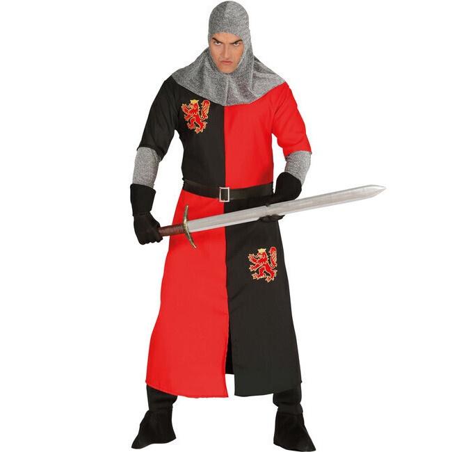 Foto lateral/trasera del modelo de caballero medieval rojo y negro