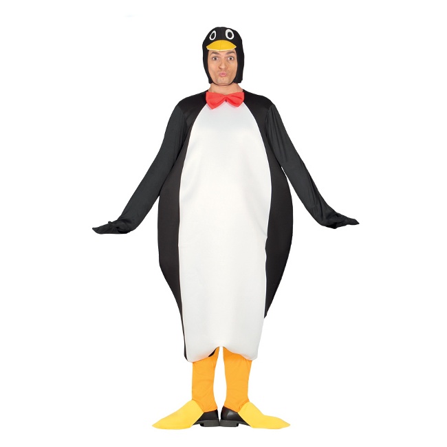 Vista frontal del disfraz de pingüino con pajarita en stock