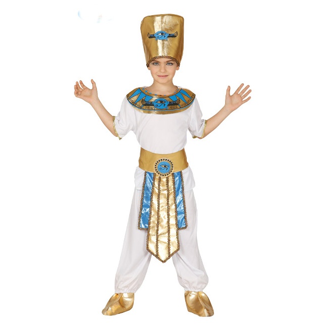 Vista delantera del disfraz de egipcio con túnica en tallas 5 a 12 años