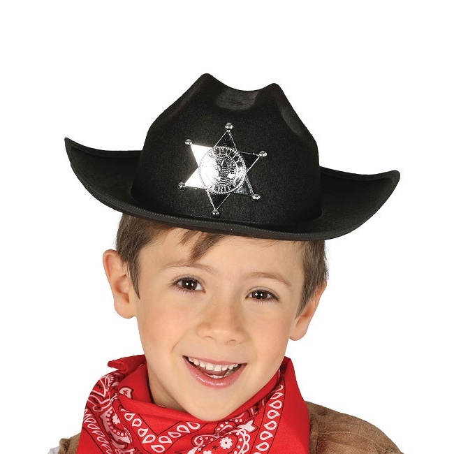 Vista delantera del sombrero de sheriff negro en stock