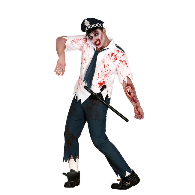 Vista principal del disfraz de policía zombie en stock