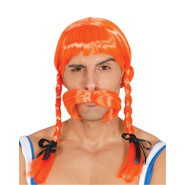 Vista frontal del peluca naranja en stock