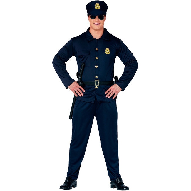 Vista frontal del disfraz de policía con gorro disponible también en talla XL
