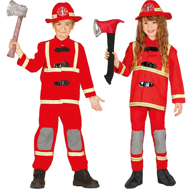 Vista frontal del disfraz de bombero con sombrero en tallas 3 a 12 años