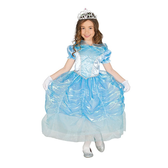 Vista frontal del disfraz de princesa de cuento azul infantil en tallas 3 a 9 años