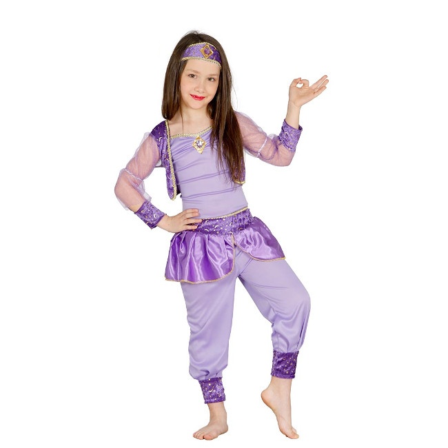 Vista principal del disfraz de bailarina árabe lila en tallas 3 a 9 años