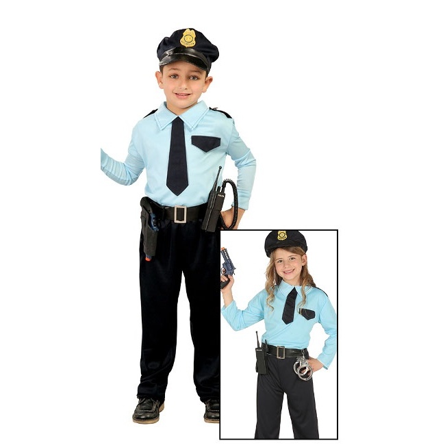 Vista delantera del disfraz de policía infantil en tallas 5 a 12 años