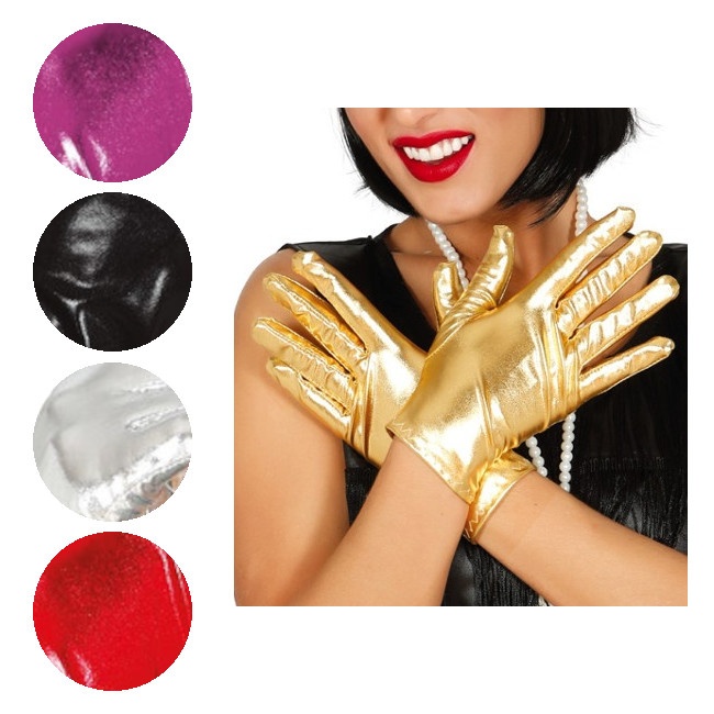 Vista frontal del guantes metalizados cortos de 23 cm en color dorado, fucsia, negro, plateado y rojo