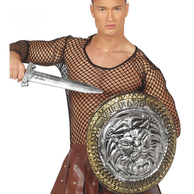 Vista frontal del escudo y espada de gladiador en stock