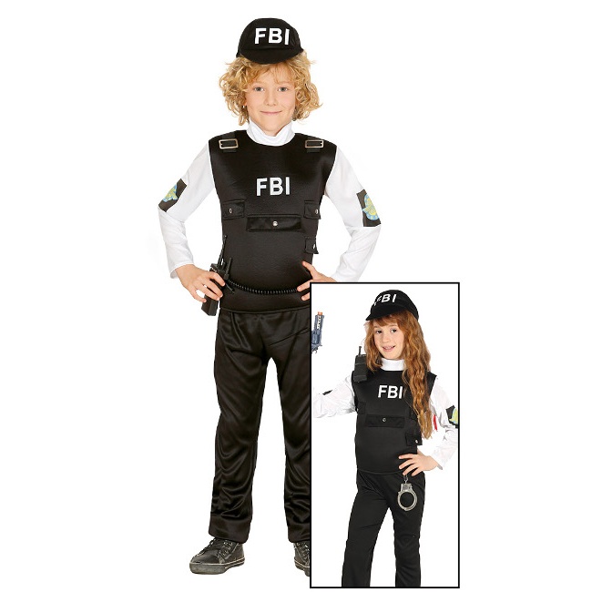Vista frontal del disfraz de policía FBI infantil en tallas 5 a 12 años