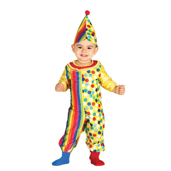Vista frontal del disfraz de payaso con topos de colores en tallas 12 a 24 meses