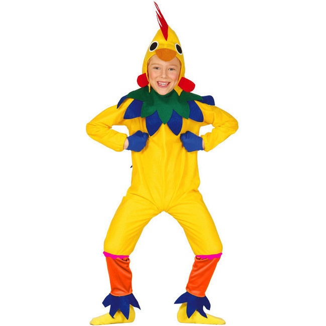 Vista principal del disfraz de gallo amarillo en tallas 3 a 12 años