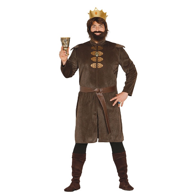 Vista principal del disfraz de rey medieval con corona en stock