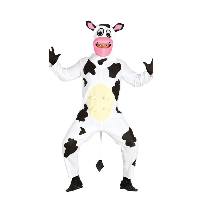 Vista delantera del disfraz de vaca feliz en stock