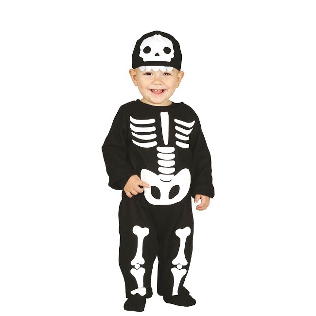 Vista frontal del disfraz de esqueleto con capucha en tallas 12 a 24 meses