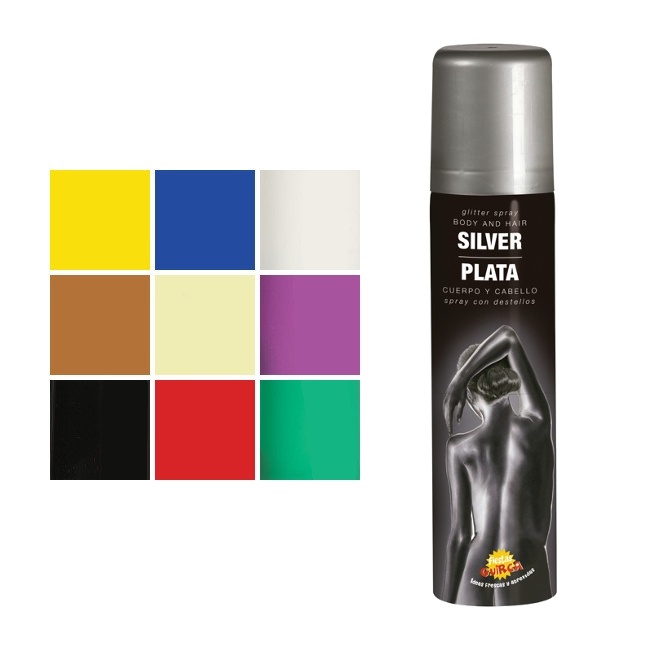 Vista frontal del spray en color amarillo, azul, blanco, dorado, fluorescente, lila, negro, plateado, rojo y verde