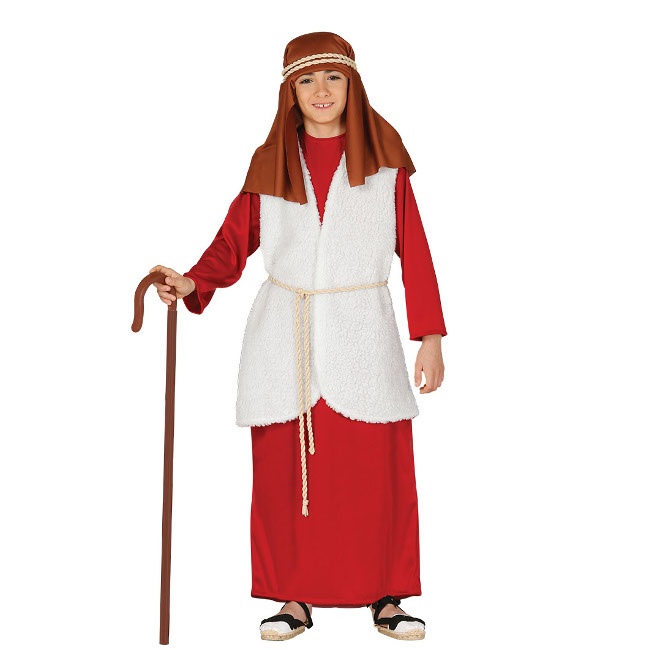 Vista frontal del disfraz de hebreo blanco y rojo en tallas 3 a 12 años