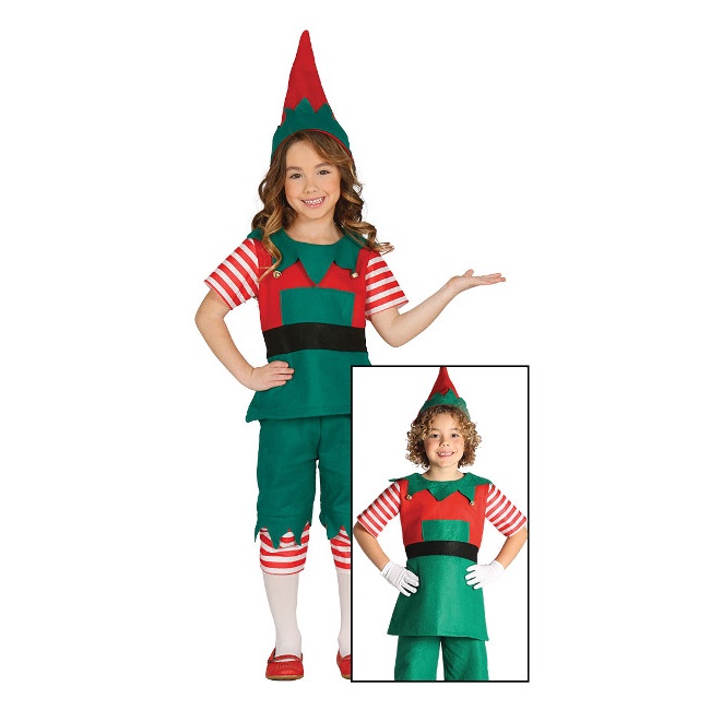 Vista frontal del disfraz de elfo navideño infantil en tallas 3 a 9 años