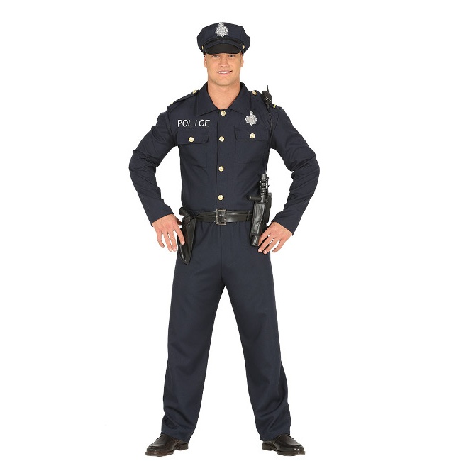 Vista delantera del disfraz de policía clásico en stock