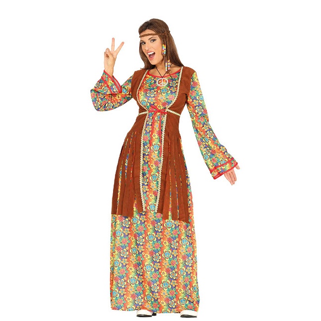 Vista frontal del disfraz de hippie con flores largo en stock