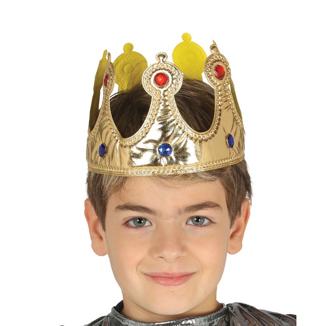 Vista frontal del corona de rey dorada de tela infantil en stock