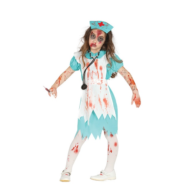 Vista principal del disfraz de enfermera sangrienta en tallas 3 a 12 años