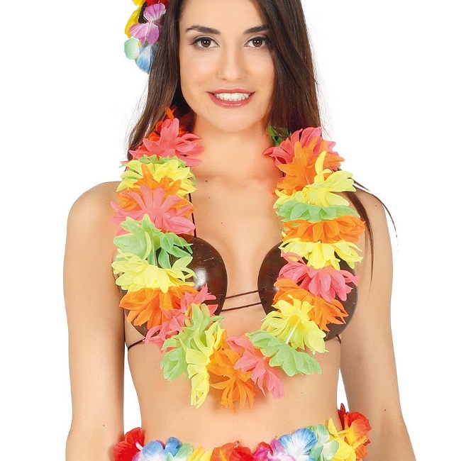 Vista frontal del collar hawaiano multicolor neón en stock