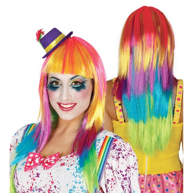 Vista principal del peluca multicolor de payaso en stock