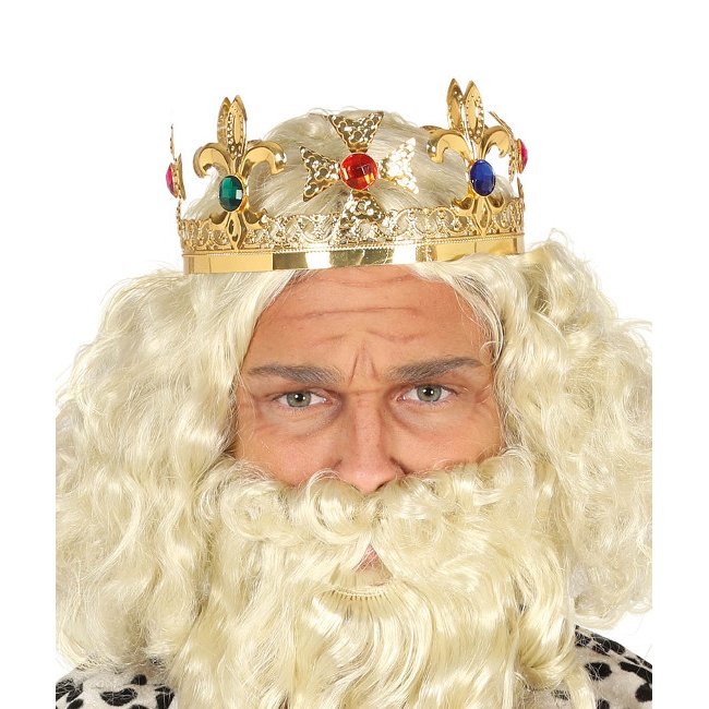 Vista principal del corona metálica de rey dorada en stock