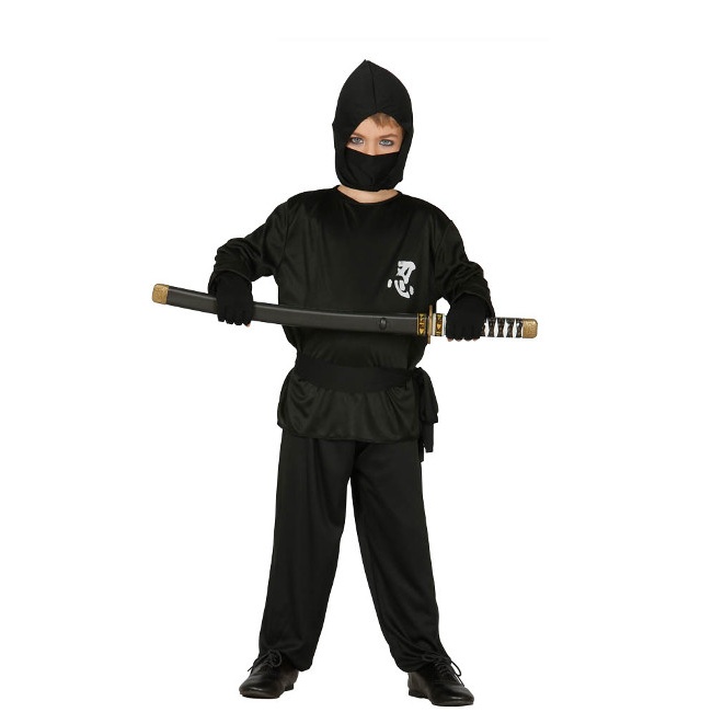 Vista delantera del disfraz de ninja negro infantil en tallas 3 a 12 años