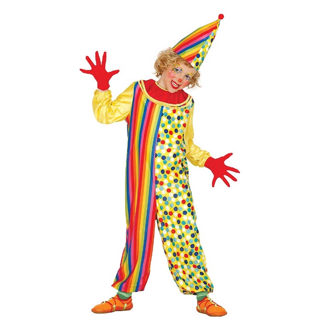 Vista principal del disfraz de payaso con topos de colores en tallas 3 a 12 años