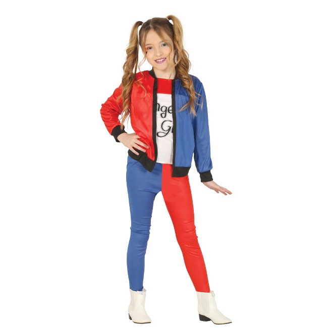 Vista principal del disfraz de Harley supervillana rojo y azul en tallas 3 a 12 años