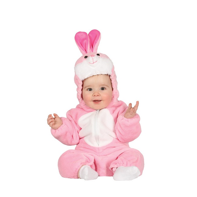 Vista delantera del disfraz de conejo rosa en tallas 6 a 24 meses