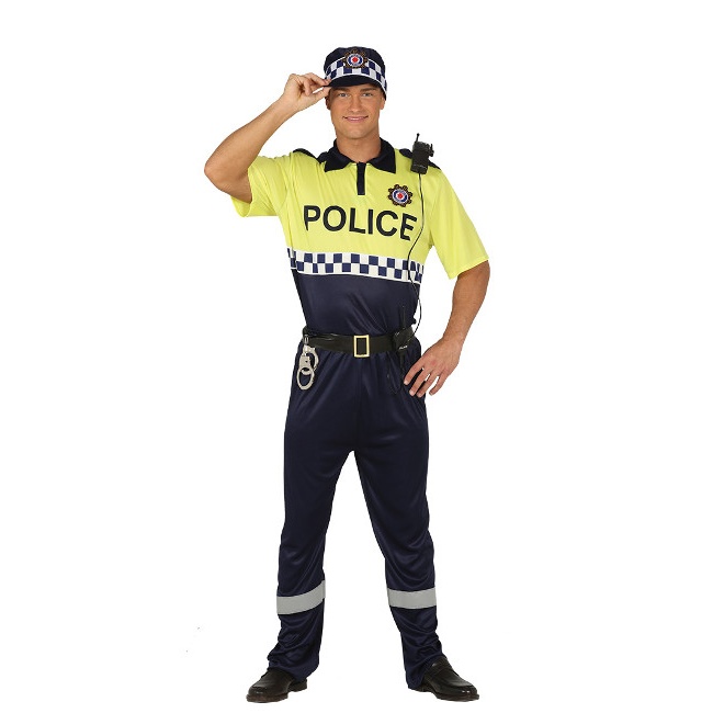 Vista frontal del disfraz de policía local en stock