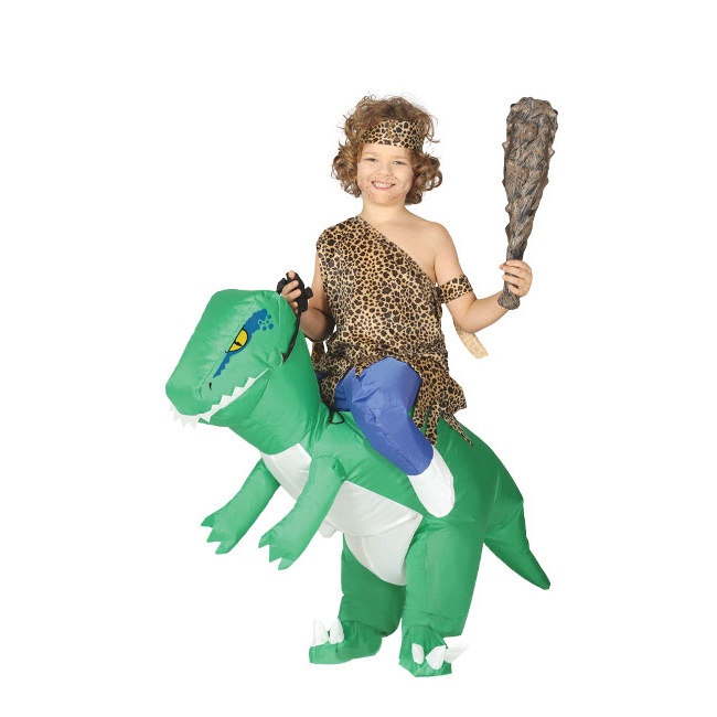 Vista delantera del disfraz de niño a hombros de dinosaurio en stock
