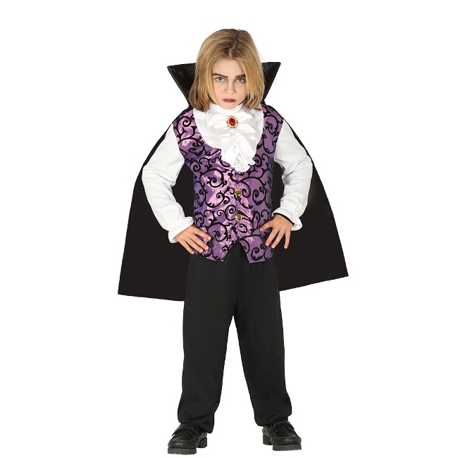 Vista delantera del disfraz de vampiro lila y negro en tallas 3 a 12 años