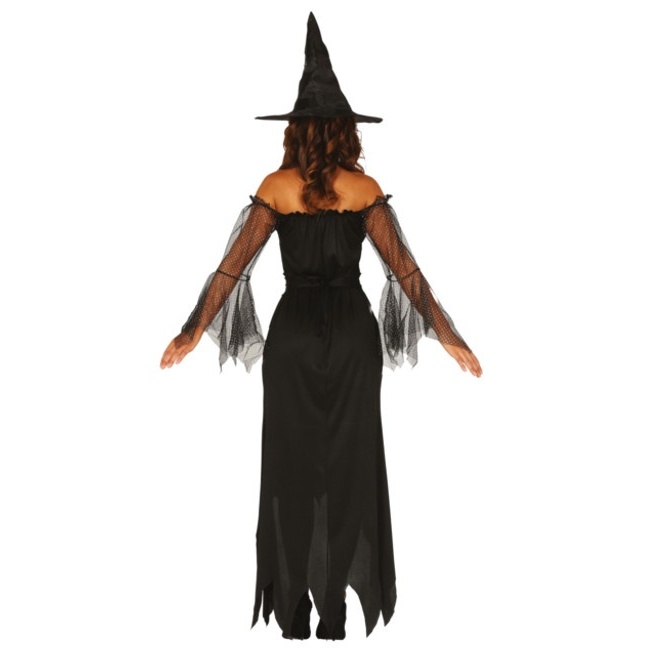 Foto lateral/trasera del modelo de bruja negra con sombrero