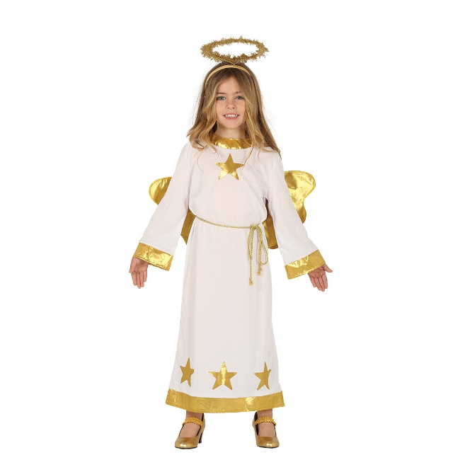 Vista frontal del disfraz de ángel blanco y dorado infantil en tallas 3 a 12 años