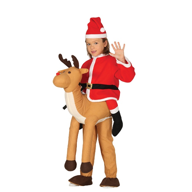 Vista frontal del disfraz de Papá Noel a hombros de reno infantil en tallas 5 a 9 años