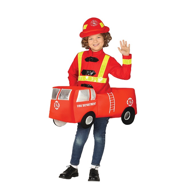 Vista delantera del disfraz de coche de bomberos infantil en tallas 5 a 9 años