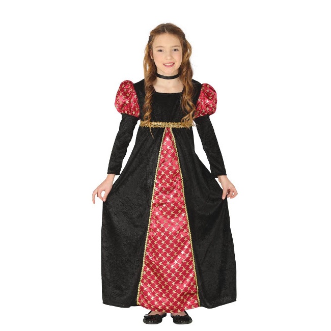 Vista delantera del disfraz de reina medieval elegante en tallas 5 a 12 años