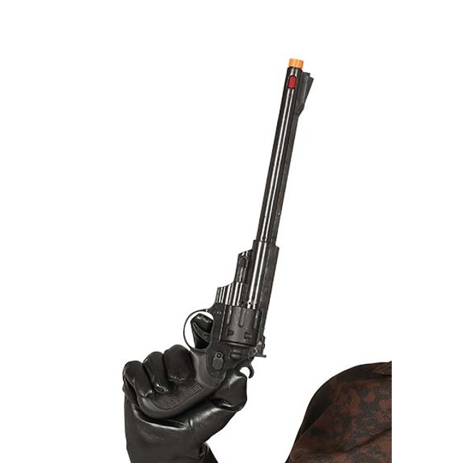 Vista frontal del revolver negro de cañón largo - 43 cm en stock
