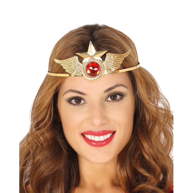 Vista frontal del tiara dorada de superheroina en stock
