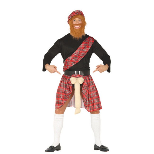 Vista frontal del disfraz de escocés con sorpresa en stock