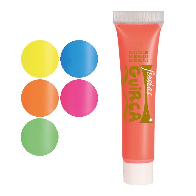 Vista delantera del maquillaje en tubo de crema neón de 10 ml en color amarillo, azul, naranja, rojo, rosa y verde