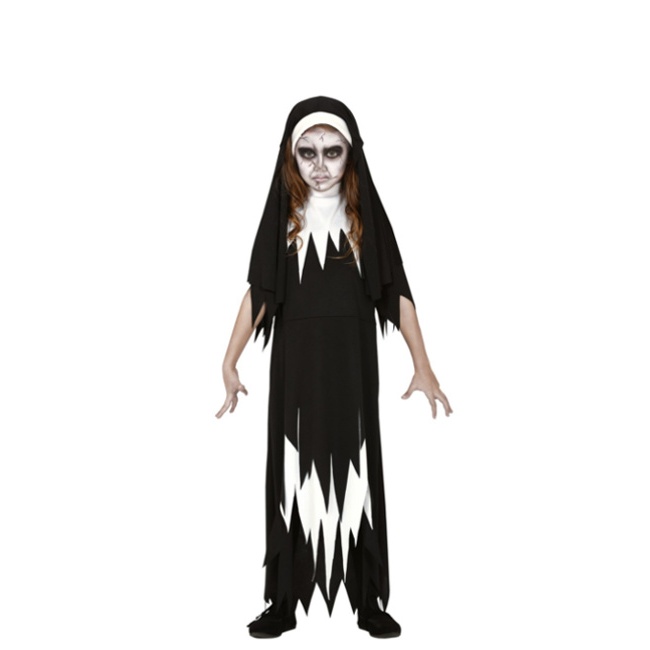 Vista delantera del disfraz de monja zombie en tallas 5 a 12 años