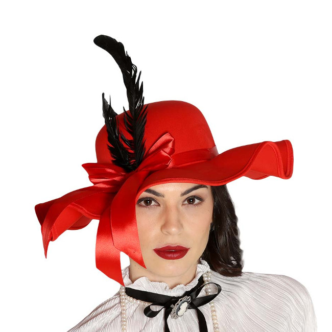 Vista frontal del sombrero de pamela roja en stock