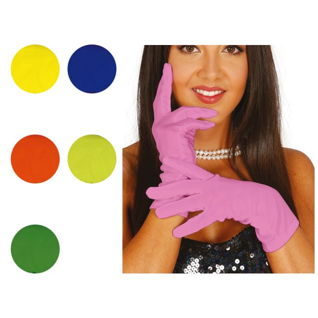 Vista delantera del guantes de colores cortos de 20 cm en color amarillo, azul marino, naranja, rosa, verde bosque y verde lima