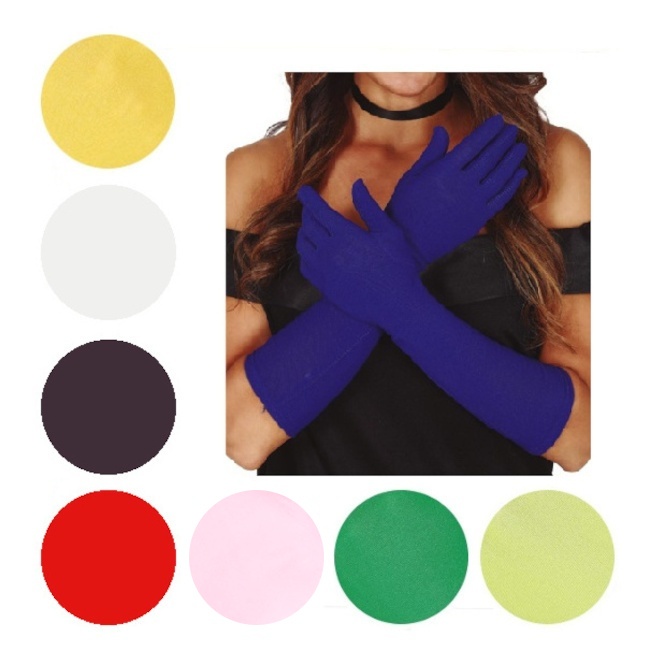 Vista principal del guantes de colores largos de 42 cm en color amarillo, azul marino, blanco, negro, rojo, rosa, verde y verde lima