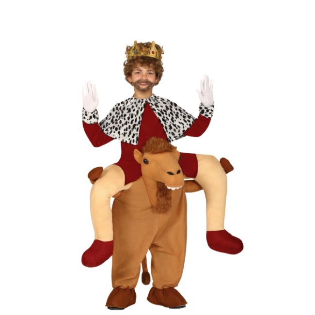 Vista delantera del disfraz de Rey mago a hombros de camello en tallas 5 a 9 años
